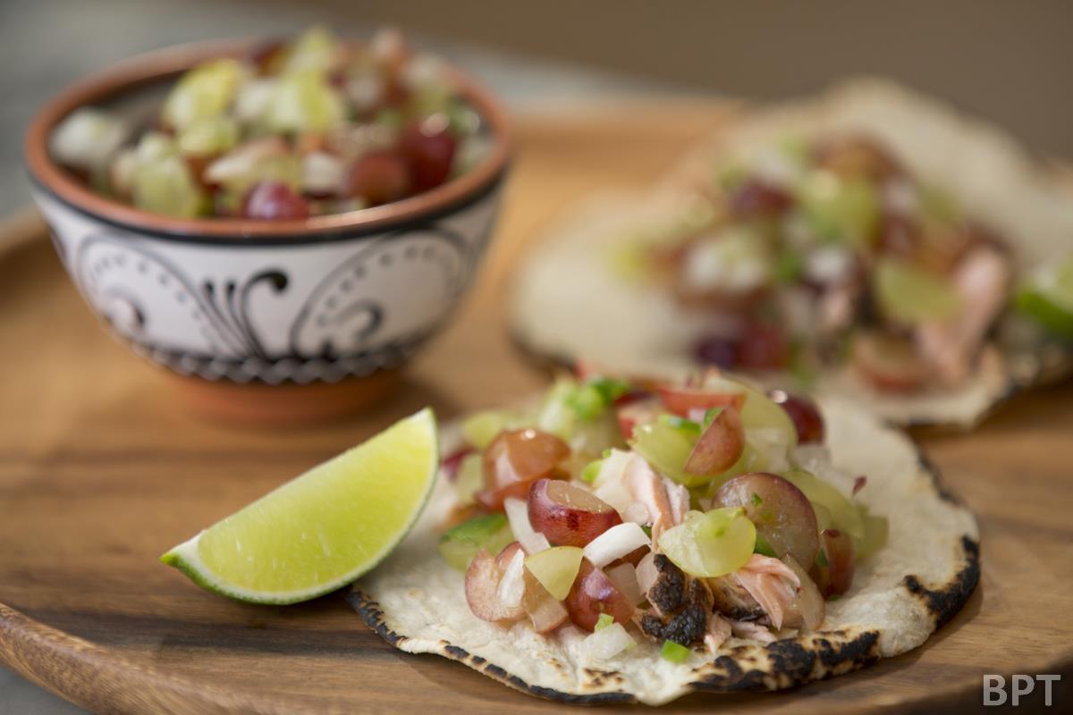 Grilled Salmon Tacos with Grape Pico de Gallo