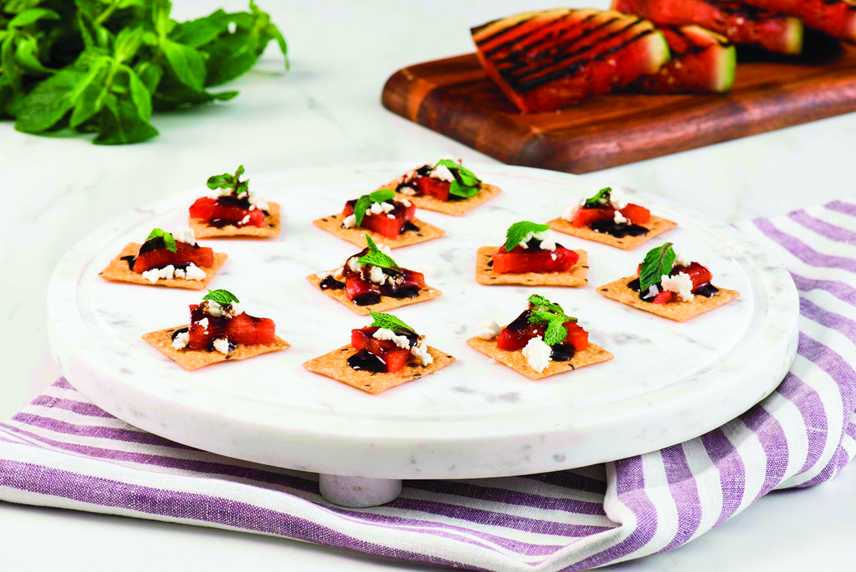 Grilled Watermelon Feta and Balsamic Cracker Canapes